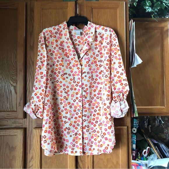 JORDAN WOMAN Collared Buttons Geometric Roll Tab Sleeve Blouse - 20 - Picture 2 of 13